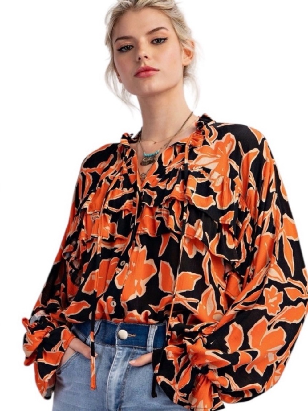easel Black, Orange and Cream Floral Ruffle Button Front Tie Neck Blouse
